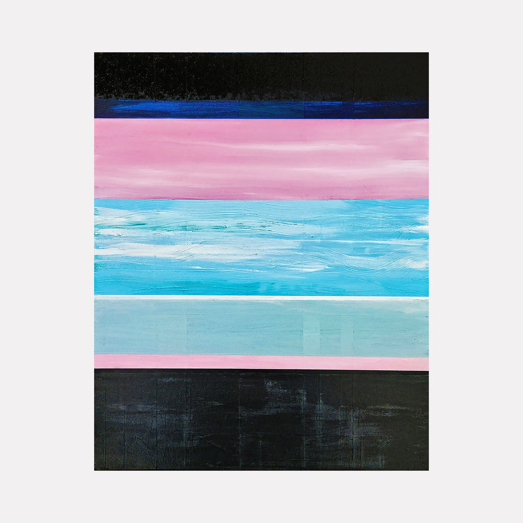The artwork 'Tropical Sunset' by Vanessa Ryan features horizontal bands of color, with deep black borders framing vibrant turquoise waters and rosy pink skies. The acrylic painting showcases smooth brushwork creating gentle gradients between layers, embodying a minimalist abstract interpretation of a seaside horizon at dusk, painted on 20x16 inch canvas.