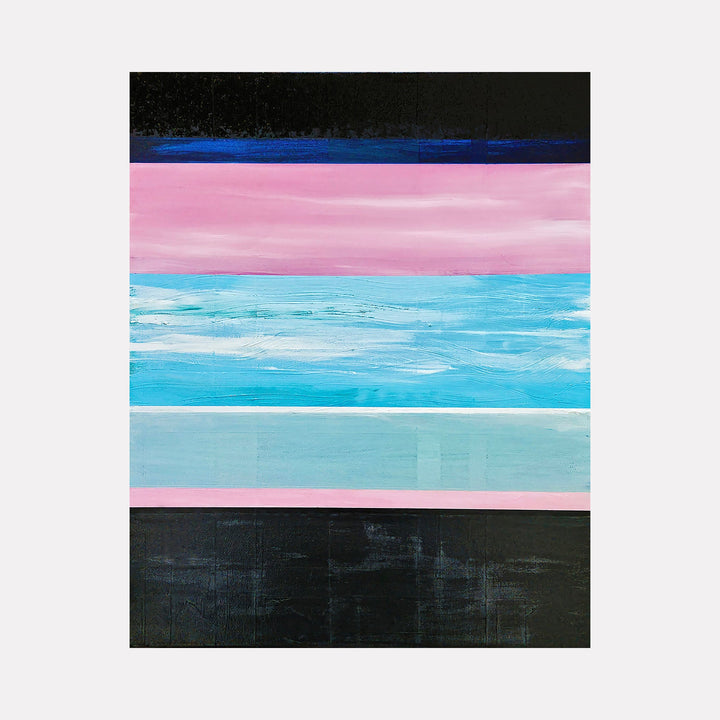 The artwork 'Tropical Sunset' by Vanessa Ryan features horizontal bands of color, with deep black borders framing vibrant turquoise waters and rosy pink skies. The acrylic painting showcases smooth brushwork creating gentle gradients between layers, embodying a minimalist abstract interpretation of a seaside horizon at dusk, painted on 20x16 inch canvas.