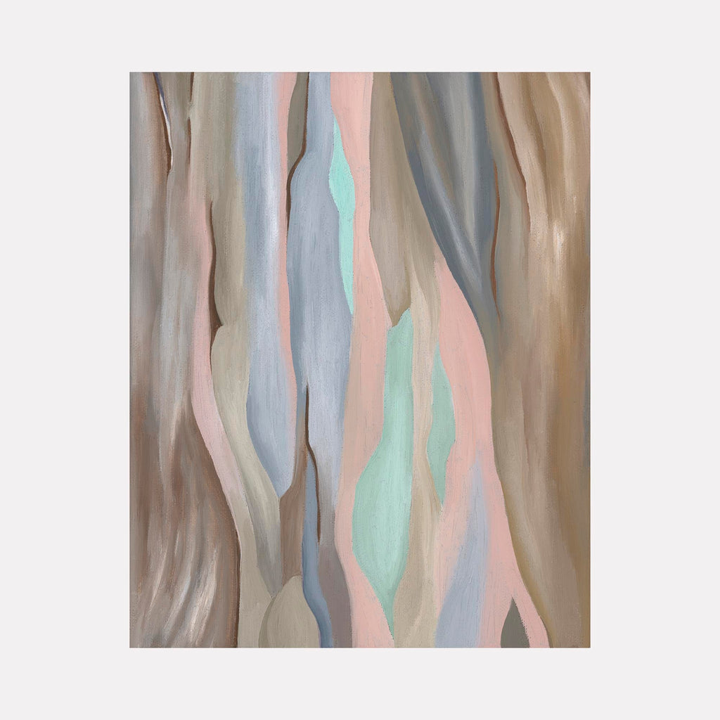 The artwork 'Even a Soft Eucalypt Falls Loudly' by Taylor Stoneman features flowing abstract forms in gentle pastel tones. Vertical waves of mint green, dusty pink, and pale blue blend seamlessly with earthy taupe, creating a fluid, organic composition reminiscent of falling eucalyptus bark. Oil on linen, 10x8 inches, by Taylor Stoneman.