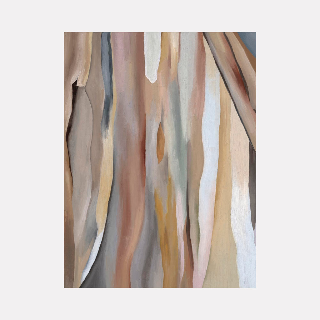 The artwork 'Rainbow Eucalyptus' by Taylor Stoneman features flowing vertical stripes in muted pastel tones, capturing the distinctive peeling bark patterns of eucalyptus trees. Blended hues of beige, soft pink, pale blue, and warm gray create an organic, abstract composition on linen canvas, showcasing smooth oil paint transitions and gentle curves.