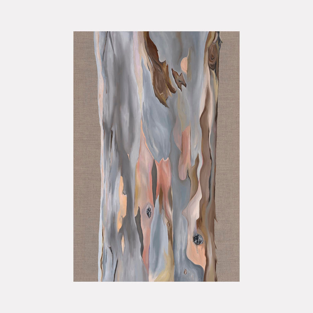 The artwork 'The Languagelessness of Our Wildish Instincts' by Taylor Stoneman features ethereal flowing forms in muted tones of gray, peach, and pale blue. Abstract organic shapes reminiscent of melting ice or peeling bark create a vertical composition on linen canvas, with delicate color transitions and fluid brushwork that evokes natural patterns. Oil paint, 36x24 inches. By Taylor Stoneman.
