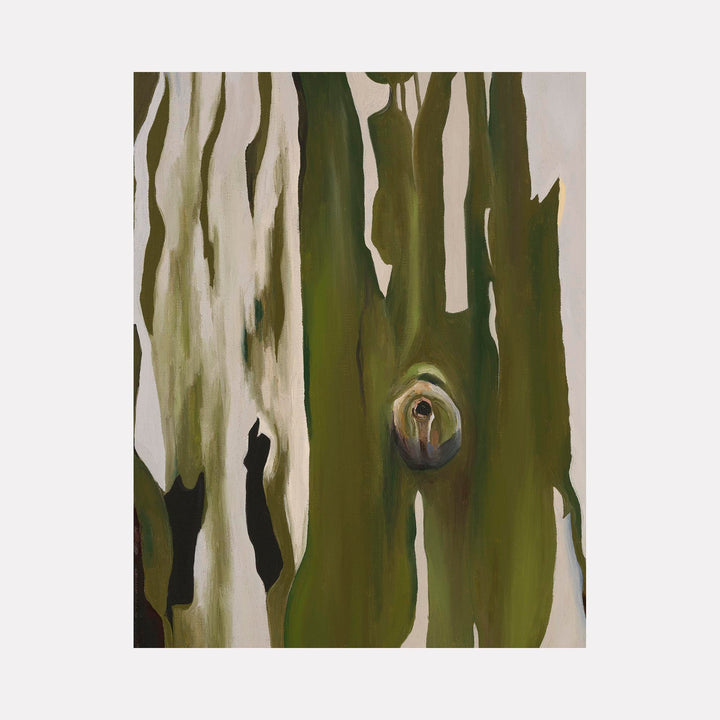 The artwork 'The Past is an Abyss, The Future is an Abyss' features flowing vertical brushstrokes in olive green and cream tones, with abstract tree-like forms creating a sense of depth and movement. A circular knot-like detail emerges from the green expanse, painted in oil on linen with textural elements by Taylor Stoneman.