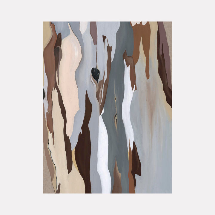 The artwork 'Through You I Hear the Earth' features flowing abstract forms in muted tones of brown, grey, and cream. Vertical streaks cascade down the canvas like tree bark or natural formations, creating an organic, fluid composition with smooth transitions between colors. The oil on linen painting evokes a sense of natural movement and earthen textures. By Taylor Stoneman.