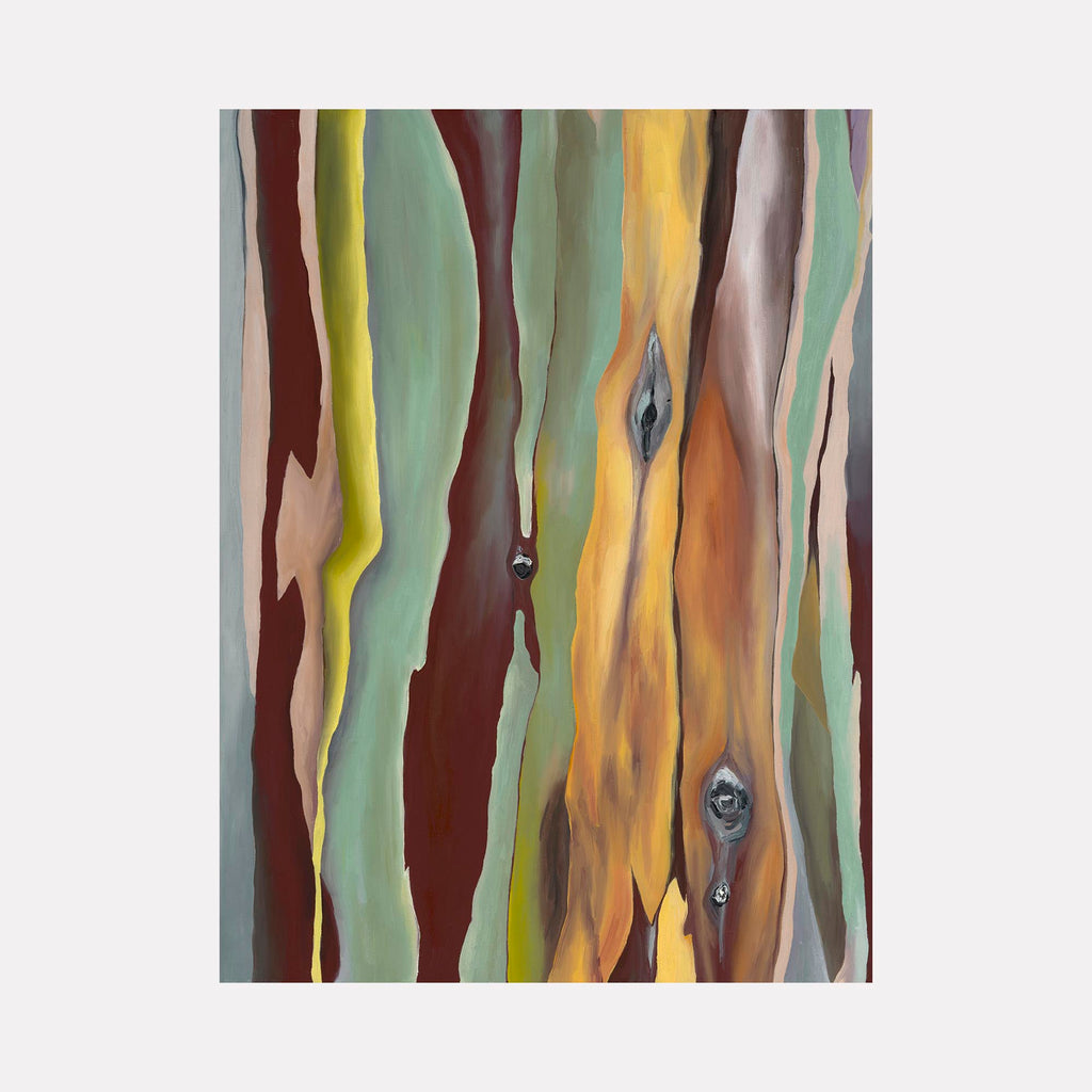 The artwork 'You, Flammable' by Taylor Stoneman features vibrant streaks of eucalyptus bark textures in sage green, burnt orange, and deep brown tones. Oil on linen painting captures the natural peeling patterns and organic knots of tree bark, creating an abstract vertical composition with fluid, flame-like movements - by Taylor Stoneman