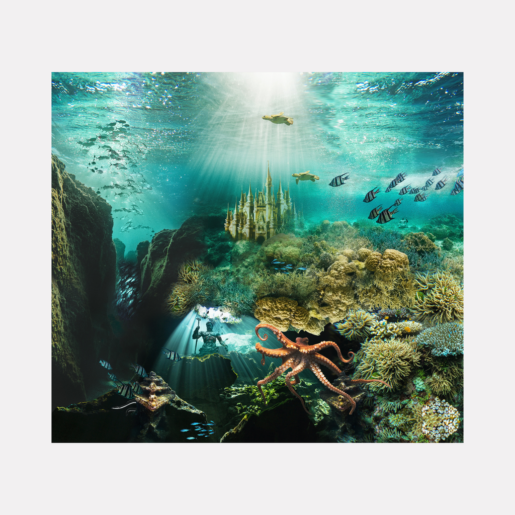 Atlantis by Nash Bellows reveals an enchanting underwater scene where sunbeams illuminate a majestic submerged castle surrounded by vibrant coral reefs, diverse fish, turtles, and a curious octopus, creating a magical and serene oceanic fantasy filled with rich textures and tranquil marine life.