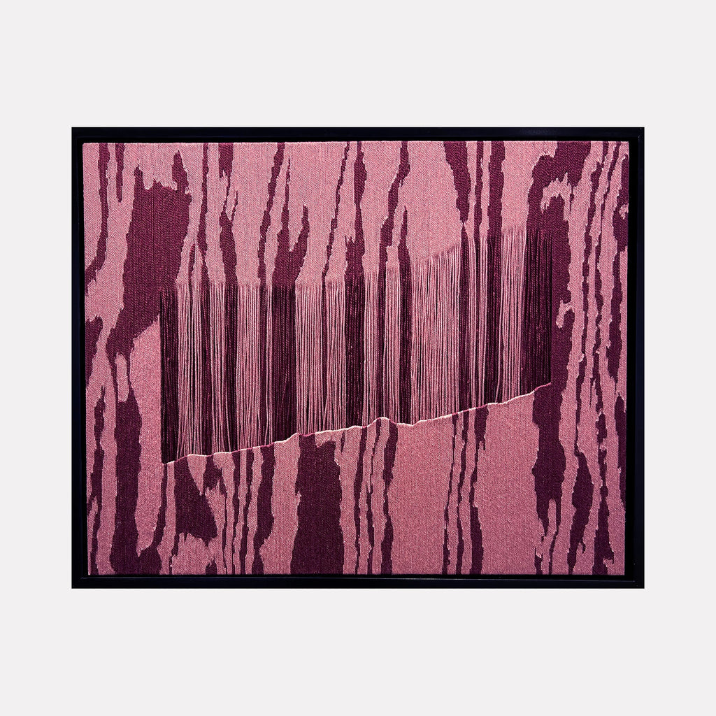 The artwork "Champagne Taste" by Quynn Douglas Dale features an abstract composition with textured vertical streaks and organic, flowing shapes in shades of deep burgundy and dusty rose. The design incorporates fine linear elements that create a sense of movement and depth, reminiscent of the abstract expressionist style seen in works by Mark Rothko and Agnes Martin.