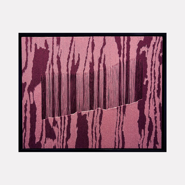 The artwork "Champagne Taste" by Quynn Douglas Dale features an abstract composition with textured vertical streaks and organic, flowing shapes in shades of deep burgundy and dusty rose. The design incorporates fine linear elements that create a sense of movement and depth, reminiscent of the abstract expressionist style seen in works by Mark Rothko and Agnes Martin.