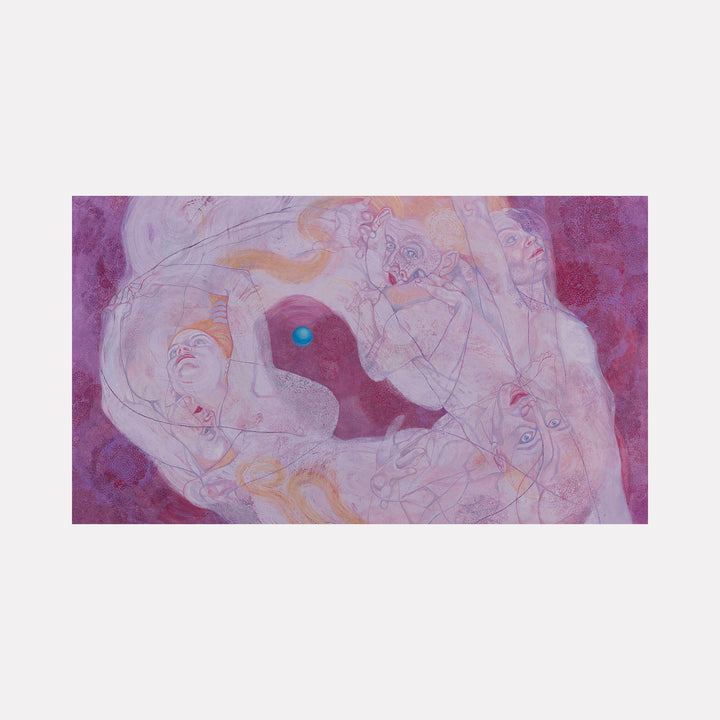 The artwork "Sound Shapes 2" by Sol Kjok features ethereal, intertwined human figures rendered in delicate, translucent lines and soft pastel shades of pink, purple, and peach, with a contrasting small blue sphere at the center. The style evokes the flowing, surreal qualities reminiscent of Egon Schiele’s expressive line work and Gustav Klimt’s dreamlike compositions.