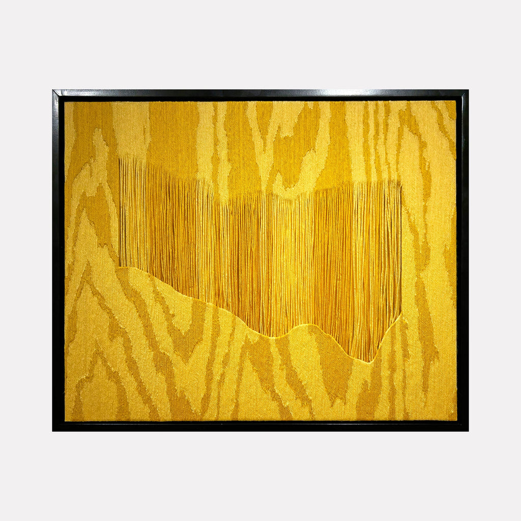 The artwork "Both Feet" by Quynn Douglas Dale features a textured golden yellow background reminiscent of wood grain patterns, with a central abstract shape formed by vertical lines that create a descending wave-like effect. The piece echoes the style of minimalist and abstract artists such as Agnes Martin and Frank Stella, focusing on natural textures and rhythmic repetition.