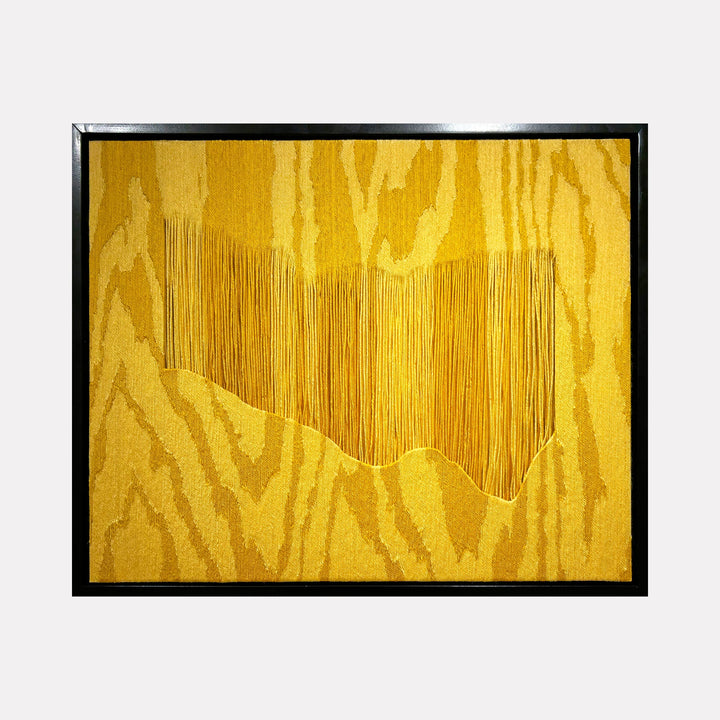 The artwork "Both Feet" by Quynn Douglas Dale features a textured golden yellow background reminiscent of wood grain patterns, with a central abstract shape formed by vertical lines that create a descending wave-like effect. The piece echoes the style of minimalist and abstract artists such as Agnes Martin and Frank Stella, focusing on natural textures and rhythmic repetition.