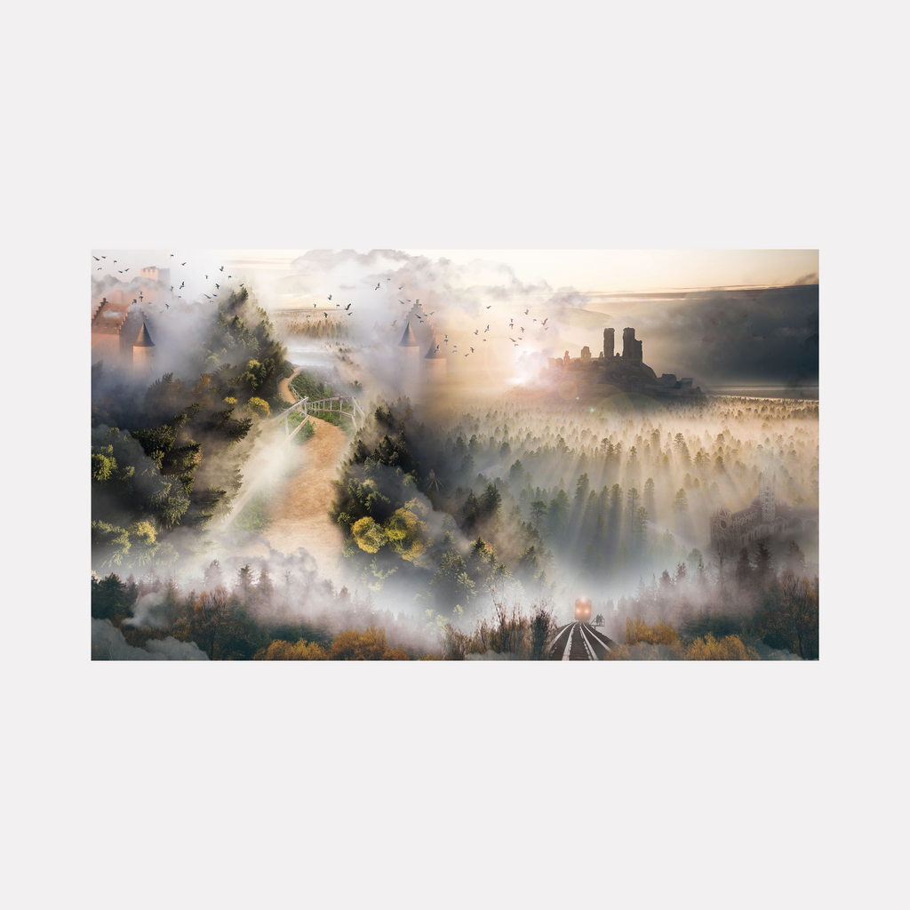 Cloud Mountain by Nash Bellows reveals a misty, atmospheric landscape where morning fog drapes lush hills and dense forests. A winding path leads through greenery toward shadowed towers in the distance, while soft light breaks through clouds and a gentle flock of birds drifts above, blending nature with a hint of fantasy.
