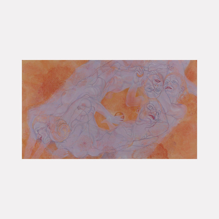 The artwork "Sound Shapes 1" by Sol Kjok features intertwined, semi-transparent human figures rendered in delicate, flowing lines and muted pastel tones against a textured warm orange background. The style echoes the emotive, surreal qualities found in works by Egon Schiele, blending organic forms with expressive contours and a dreamlike atmosphere.