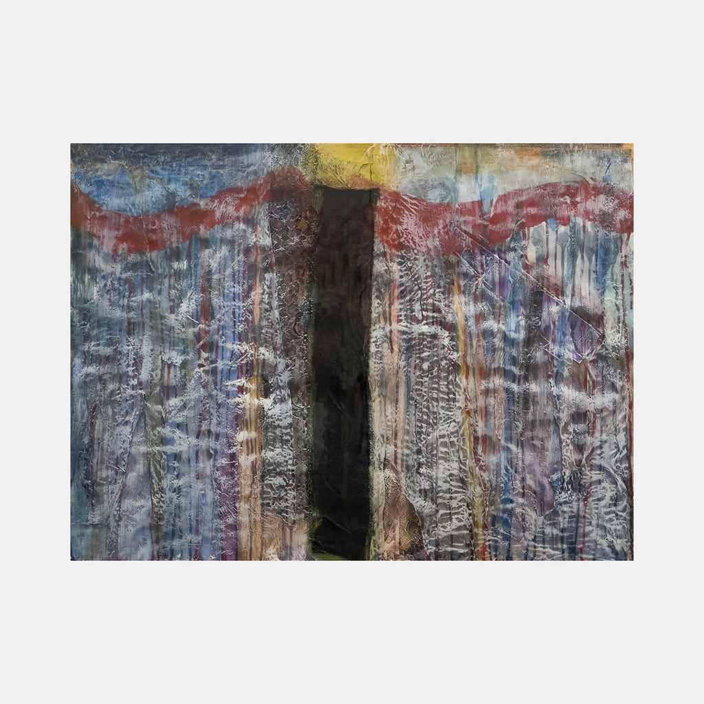 The artwork "The Fanatism of my twenties shocks me now" by Molly Heron depicts a complex abstract landscape with layered textures in muted blues, grays, and browns, punctuated by a bold vertical black column and a sweeping rust-red arc near the top. Its expressive layering and gestural marks recall the raw emotive abstraction of Cy Twombly and the deep tonal contrasts reminiscent of Anselm Kiefer’s vaulted structures.