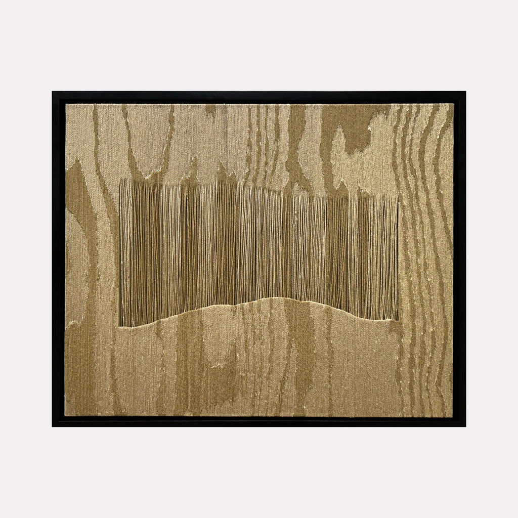 The artwork "Balconies" by Quynn Douglas Dale features an abstract composition with textured vertical lines that evoke the grain of wood, rendered in earthy beige and brown tones. The piece combines organic shapes and patterns reminiscent of minimalist and modernist styles, echoing the textural explorations found in works by Agnes Martin and Richard Diebenkorn.