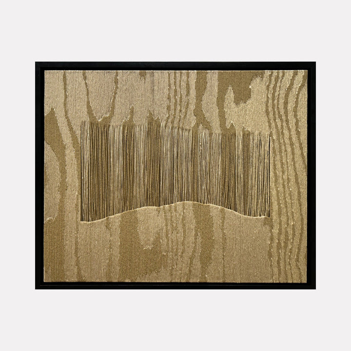 The artwork "Balconies" by Quynn Douglas Dale features an abstract composition with textured vertical lines that evoke the grain of wood, rendered in earthy beige and brown tones. The piece combines organic shapes and patterns reminiscent of minimalist and modernist styles, echoing the textural explorations found in works by Agnes Martin and Richard Diebenkorn.