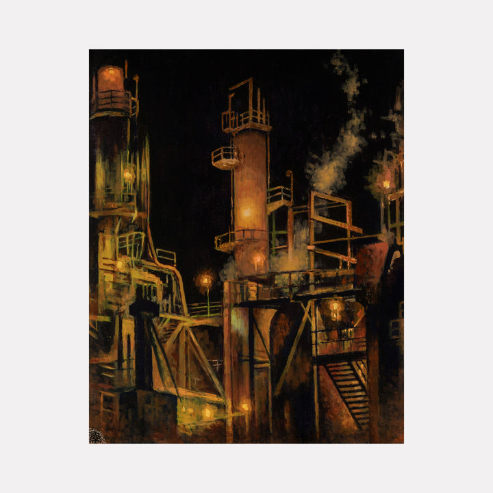 Factory No. 1 by Ler Chang portrays an industrial scene at night with towering smokestacks, metal staircases, and glowing lights. The dark palette with warm, muted tones and softly diffused smoke evokes a quiet, atmospheric moment within a gritty, mechanical environment.