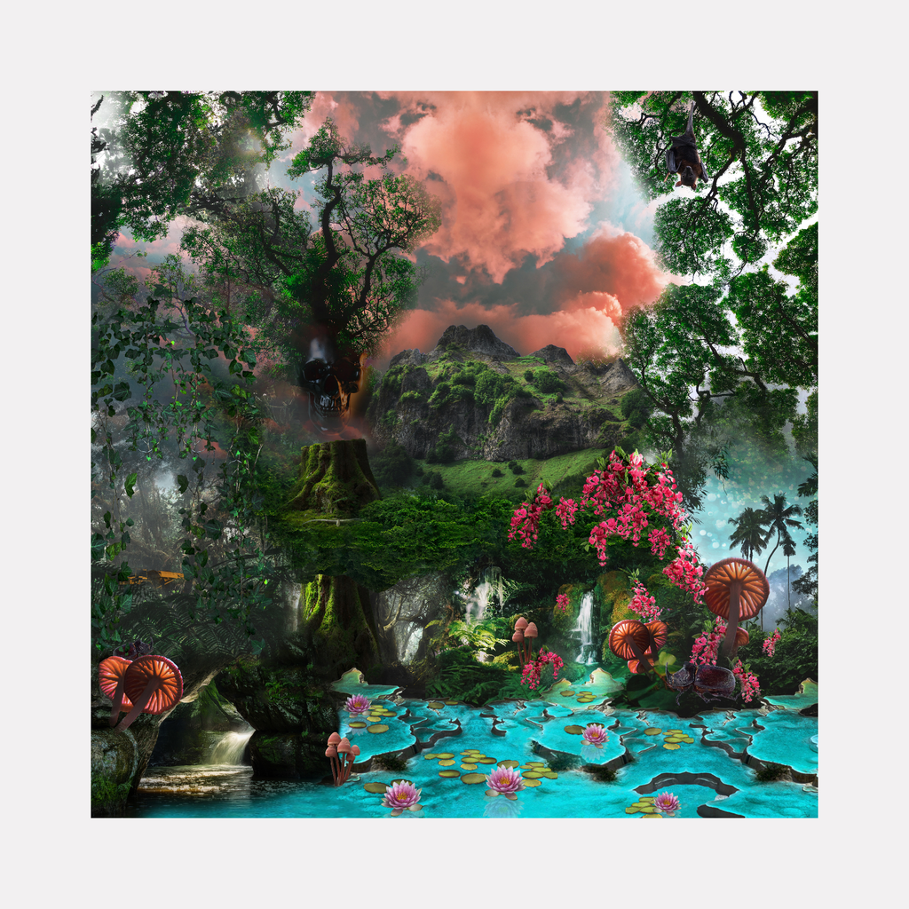 Fern Gully by Nash Bellows captures a lush, mystical forest with vibrant pink blossoms and oversized mushrooms around a shimmering turquoise pond dotted with water lilies. Towering ancient trees and misty mountains rise beneath dramatic orange clouds, evoking a tranquil, enchanting natural sanctuary alive with rich textures and magical light.