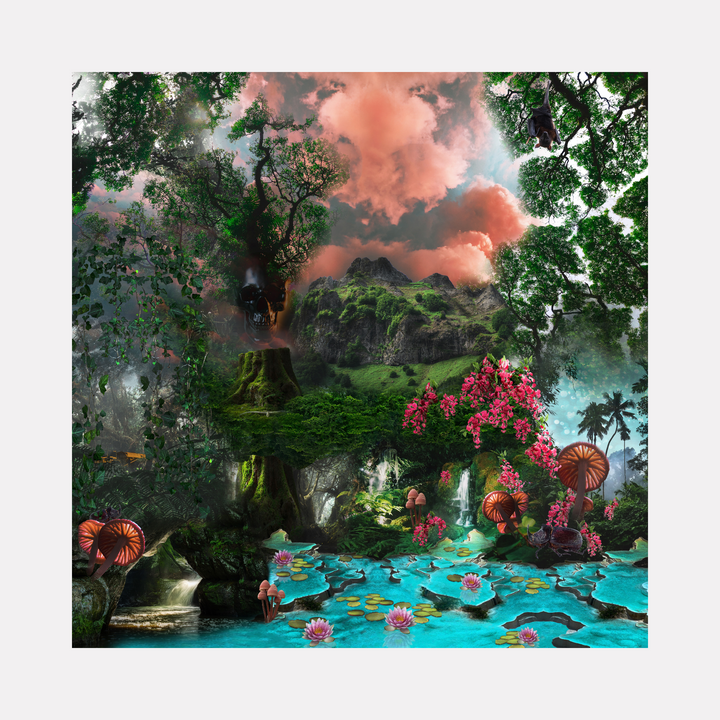 Fern Gully by Nash Bellows captures a lush, mystical forest with vibrant pink blossoms and oversized mushrooms around a shimmering turquoise pond dotted with water lilies. Towering ancient trees and misty mountains rise beneath dramatic orange clouds, evoking a tranquil, enchanting natural sanctuary alive with rich textures and magical light.