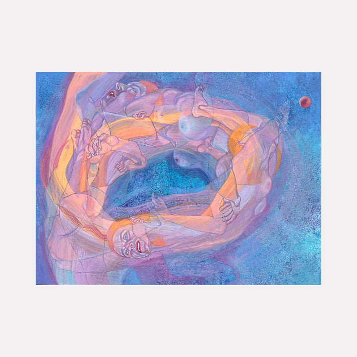 The artwork Sound Shapes 5 (Ring of Fire) by Sol Kjok features a dynamic circular composition of intertwined human figures rendered in translucent layers with shades of orange and purple. The textured blue background evokes a cosmic or underwater atmosphere, reminiscent of surrealist and expressionist styles akin to Picasso’s cubism and Chagall’s dreamlike imagery.
