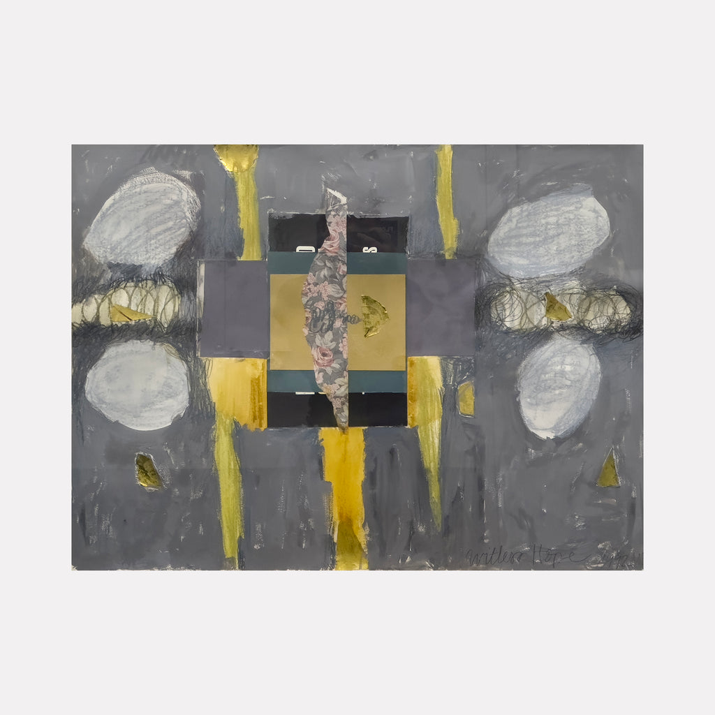 The artwork "Witless Hope" by Molly Heron features an abstract landscape with layered geometric shapes and organic forms in muted gray tones punctuated by bold yellow accents. Textured brushstrokes and mixed media elements evoke a contemplative mood, reminiscent of the abstract exploration found in works by Robert Rauschenberg and Mark Rothko.