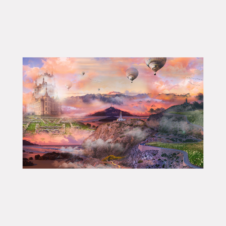 Flower Maze by Nash Bellows captures a fantastical coastal landscape where rugged cliffs meet winding paths and blooming meadows beneath a radiant sky filled with soft, glowing clouds. Hot air balloons drift gently above a distant castle and lighthouse, blending elements of whimsy, nature, and serene adventure.