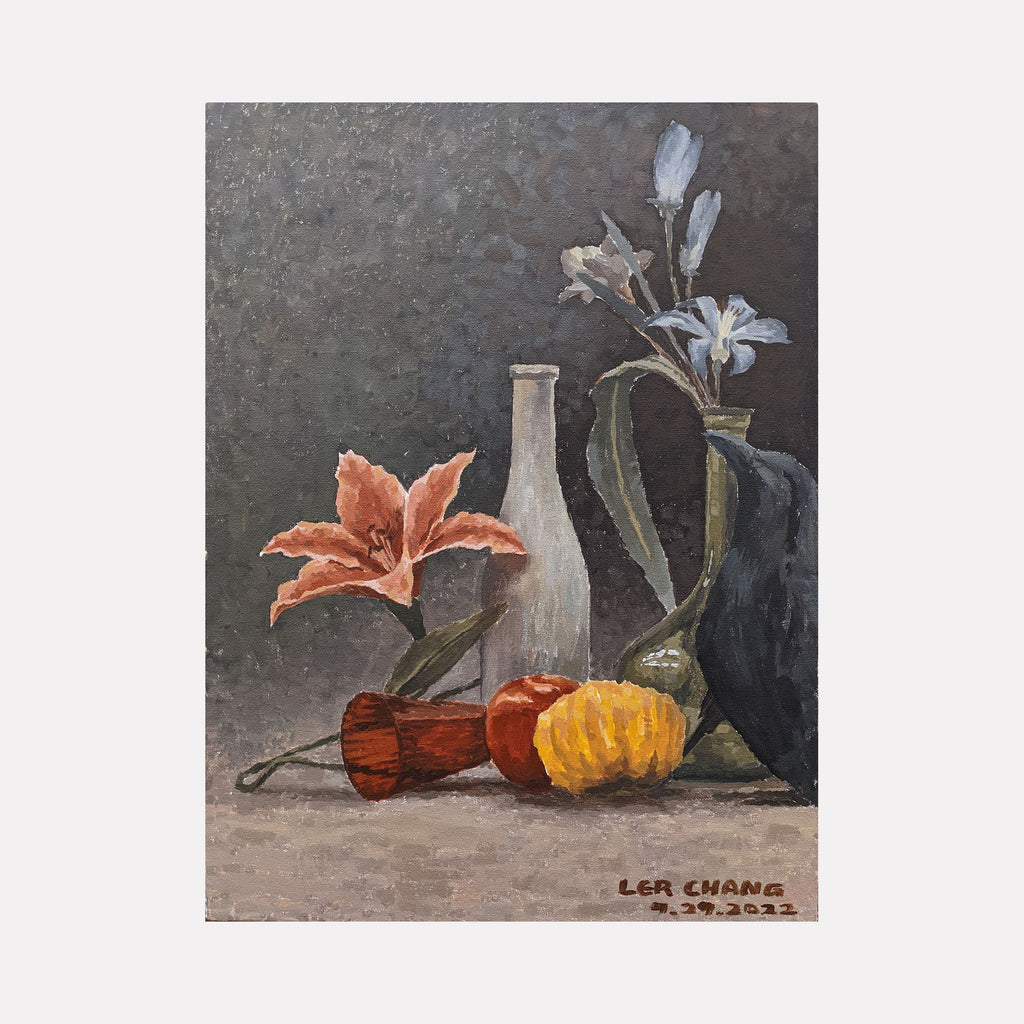 Flowers by Ler Chang portrays a still life arrangement with a vibrant orange flower, white blossoms, and various vessels in muted earth tones. The textured brushwork and subdued background create a quiet, intimate scene highlighting natural forms and subtle contrasts within a contemplative atmosphere.