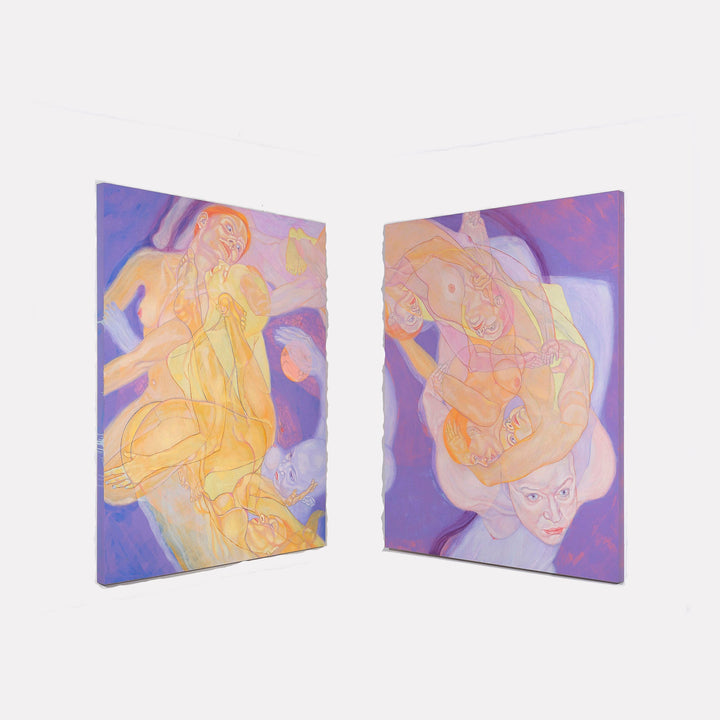 The artwork Purple Ribbon by Sol Kjok features intertwined, translucent human figures in warm tones of orange and yellow layered over a rich purple background. The painting’s fluid, abstract style echoes the emotional depth and complexity seen in Egon Schiele’s figurative works, blending expressive line work with soft, dreamlike color transitions.