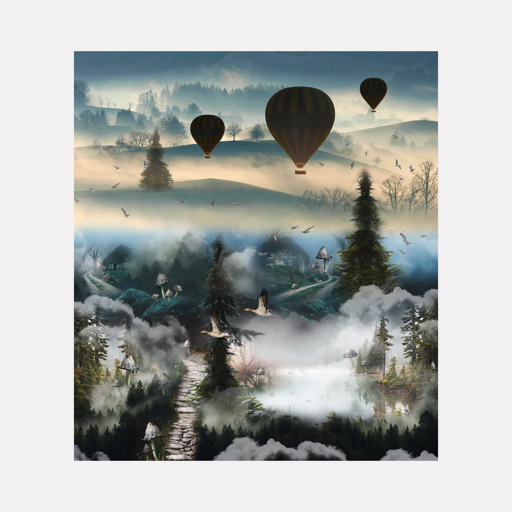 Foggy by Nash Bellows portrays a serene mist-covered landscape where tall pine trees rise through thick fog. Vintage hot air balloons drift gently above rolling hills shrouded in haze, while scattered birds soar in the cool, muted atmosphere of an early morning, evoking a quiet, dreamlike sense of calm and mystery.