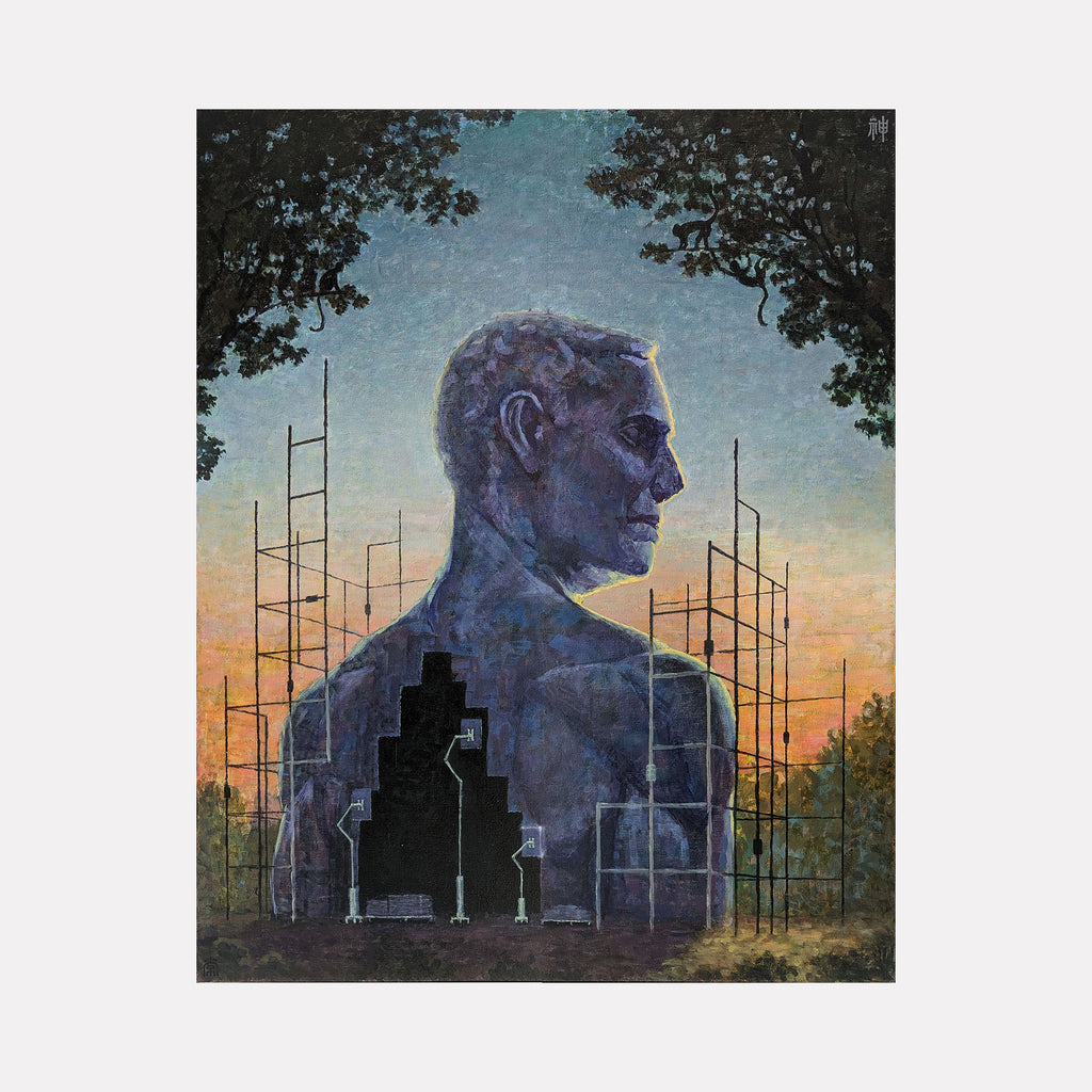God by Ler Chang depicts a contemplative, large male figure in cool tones standing amidst a delicate framework of scaffolding against a serene sunset sky. Framed by darkened trees, the scene evokes themes of construction, introspection, and the human form as a monumental presence blending natural and architectural elements.