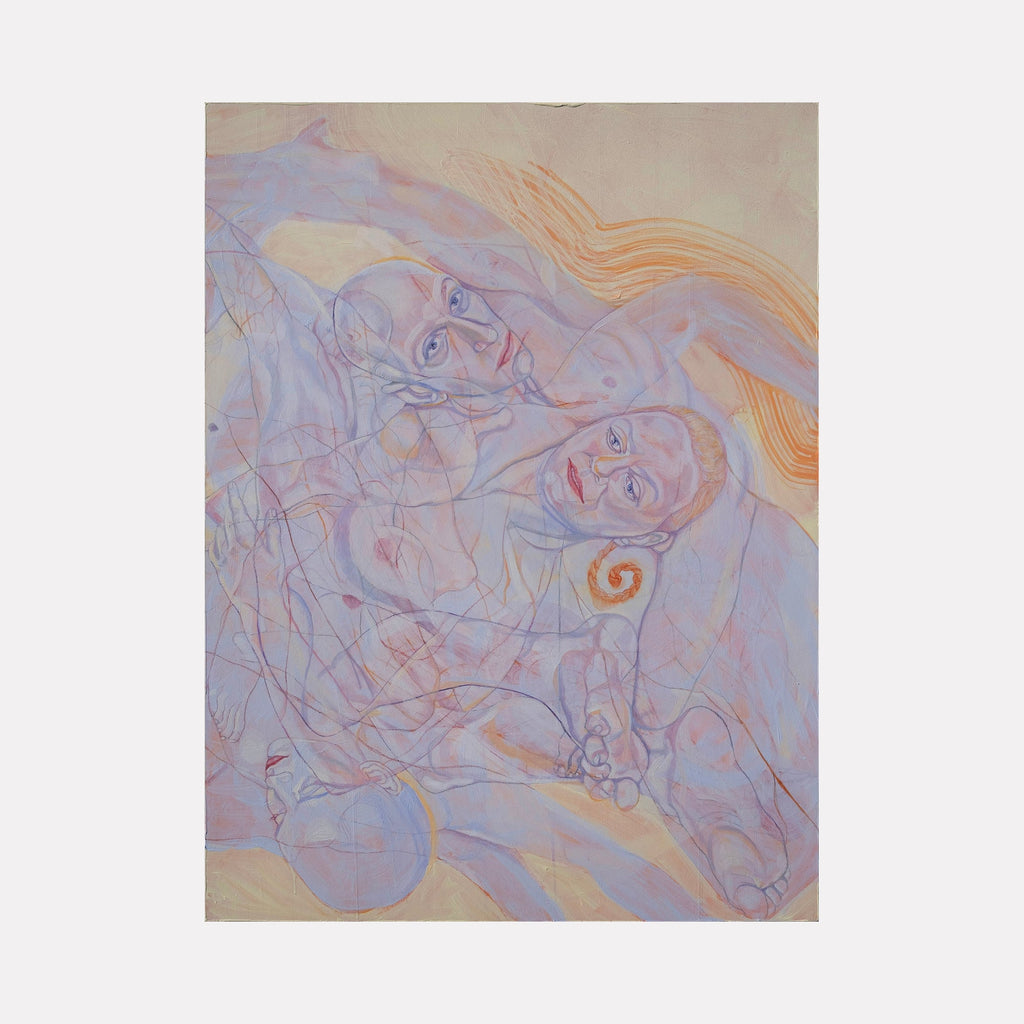The artwork "Shimmering" by Sol Kjok features intertwined human figures rendered in delicate pastel tones of lavender, peach, and soft orange. The translucent layering and fluid lines evoke a sense of movement reminiscent of Egon Schiele and Gustav Klimt, blending expressive anatomy with abstract, ethereal textures.