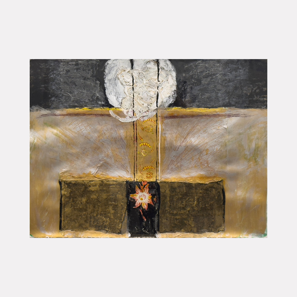 The artwork "Voyage #1" by Molly Heron features a mixed media landscape with a textured vertical white form emerging from a muted gray and ochre background. Horizontal golden bands intersect dark rectangular shapes below, while a small central floral motif adds contrast. The composition reflects spiritual abstraction akin to Hilma af Klint and the earthy textures of Anselm Kiefer.