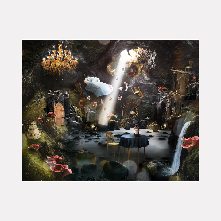 Inner Cave by Nash Bellows portrays a mystical cavern bathed in soft light streaming from above, where everyday objects like chairs, a table with wine, a chandelier, and a bed float amid natural rock formations and delicate pink fungi, blending surreal domesticity with an enchanting underground world.