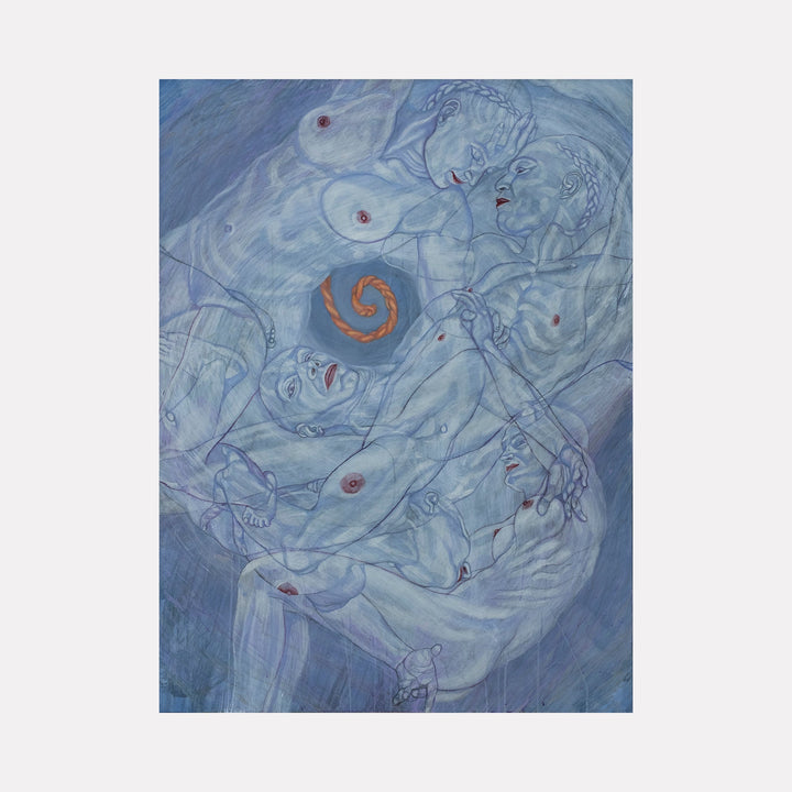 The artwork "Going Up in Smoke" by Sol Kjok features ethereal, translucent human forms intertwined against a dreamy blue and gray textured background. The twisting, overlapping bodies evoke a fluid motion reminiscent of Francis Bacon's distorted figures and Egon Schiele’s expressive anatomy. A contrasting reddish spiral near the center adds dynamic energy to the composition.
