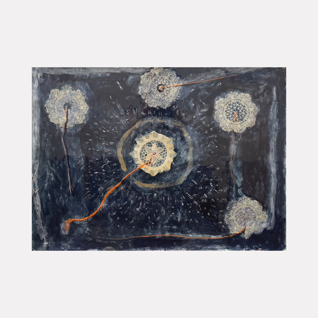 The artwork "Voyage #2" by Molly Heron presents a dark, textured background punctuated by five delicate lace-like circular forms connected by thin, thread-like orange lines. The ethereal composition and intricate details evoke the organic abstraction found in Agnes Martin’s meditative grids and the subtle biomorphic patterns reminiscent of Eva Hesse’s sculptures.