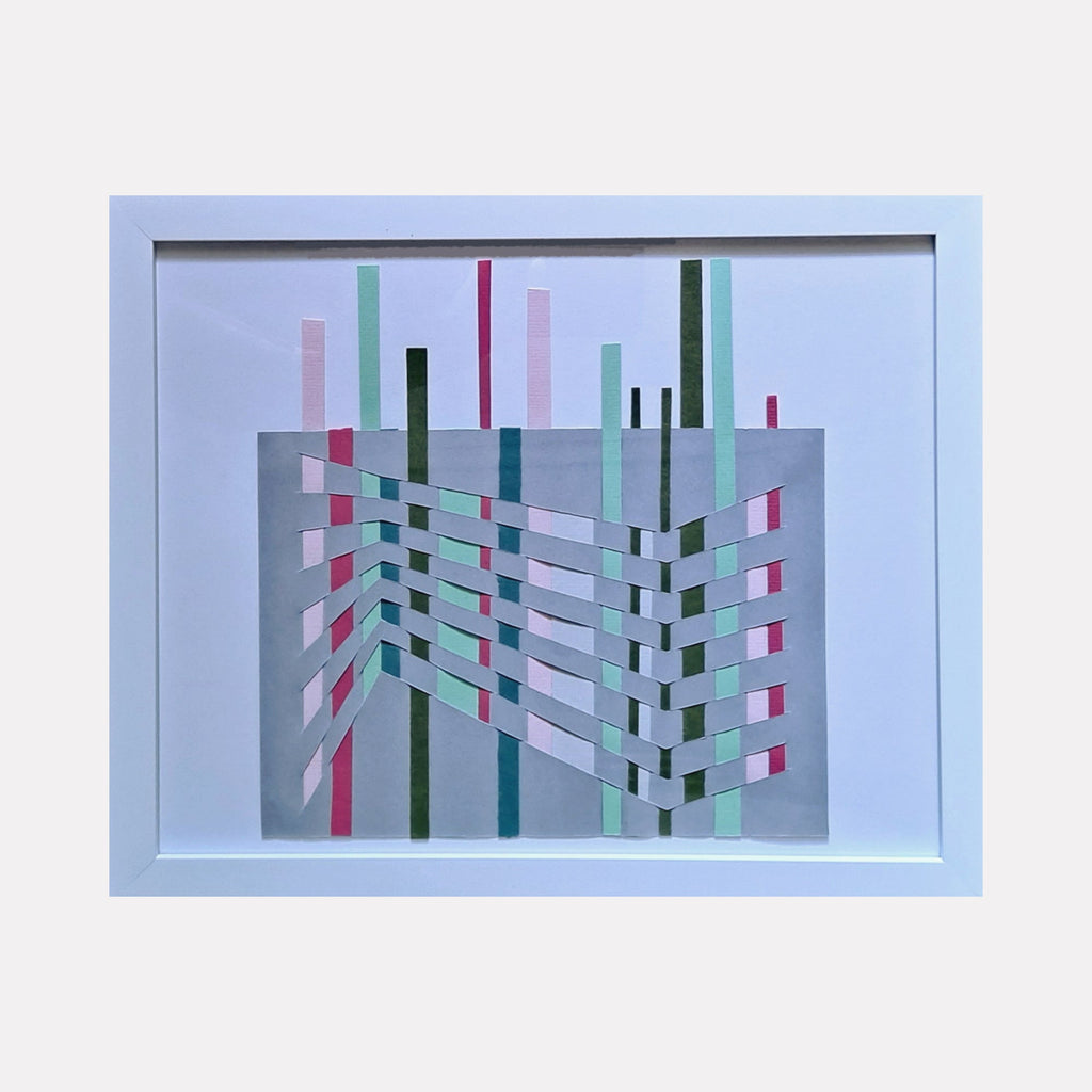 The artwork "Slant Weave" by Johanna Ryan features a paper weave design with intersecting vertical and diagonal strips in muted tones of pink, green, blue, and gray, creating a textured geometric pattern. The piece measures 8 by 10 inches and highlights contemporary abstract weaving techniques by Johanna Ryan.