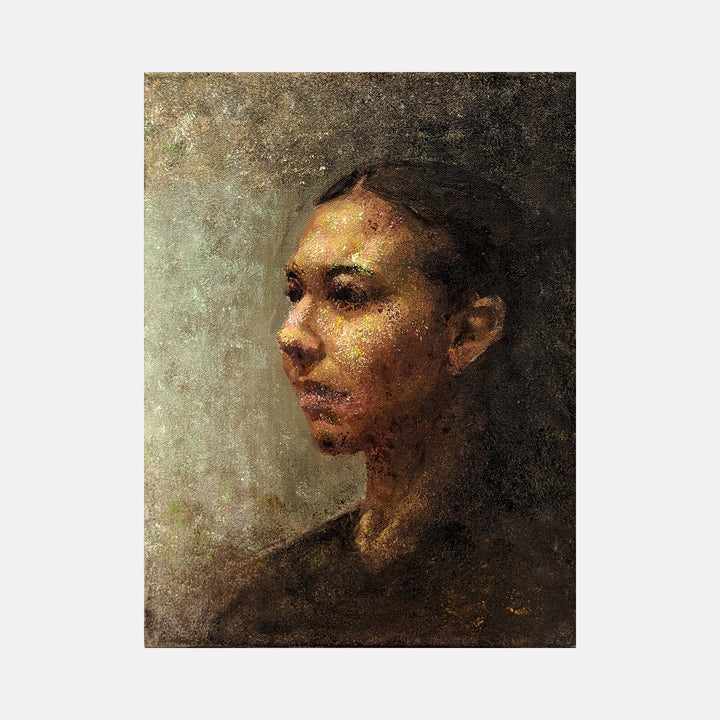 Mist by Ler Chang presents a contemplative female profile emerging from a textured environment of earthy, muted tones. The layered brushwork creates a subtle atmosphere of quiet introspection, blending light and shadow to reveal a poignant human presence enveloped in a softly diffused, atmospheric haze.
