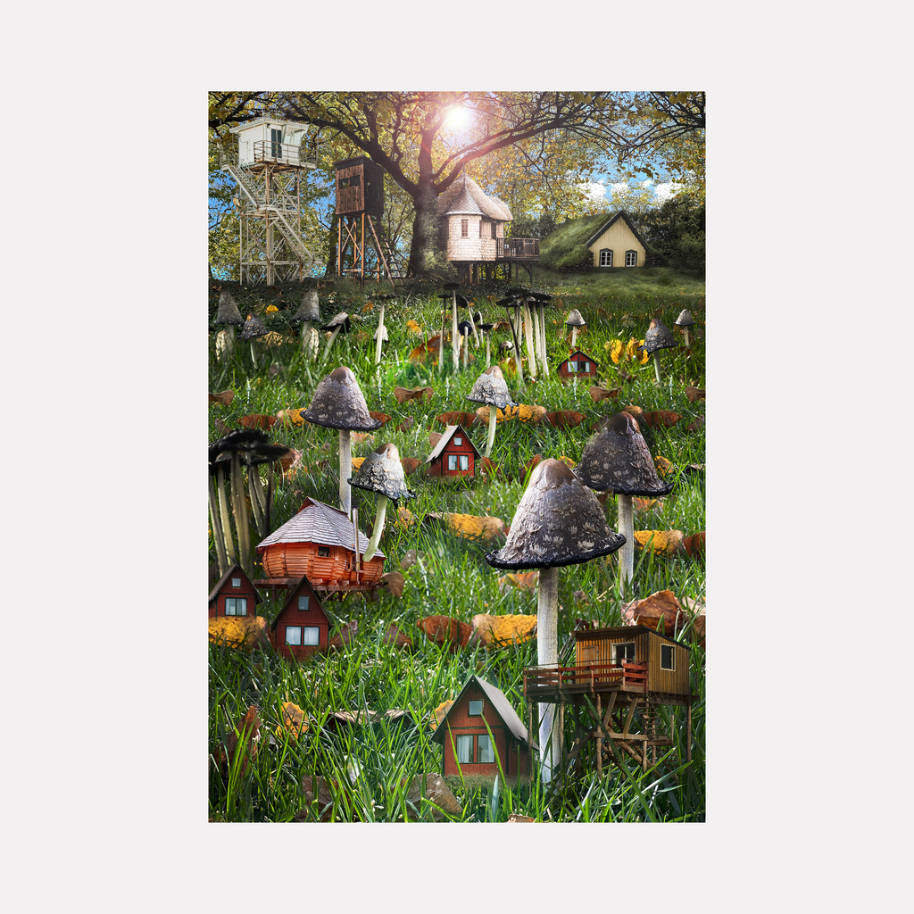 Mush Tree by Nash Bellows depicts a whimsical scene where giant mushrooms tower over quaint wooden houses nestled in lush green grass. Sunlight filters through an old tree with a treehouse, while various small homes and watchtowers blend into the vibrant, enchanting landscape, creating a magical rural retreat.