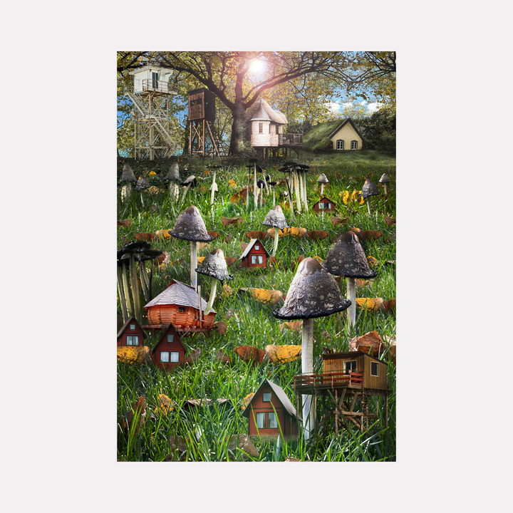 Mush Tree by Nash Bellows depicts a whimsical scene where giant mushrooms tower over quaint wooden houses nestled in lush green grass. Sunlight filters through an old tree with a treehouse, while various small homes and watchtowers blend into the vibrant, enchanting landscape, creating a magical rural retreat.
