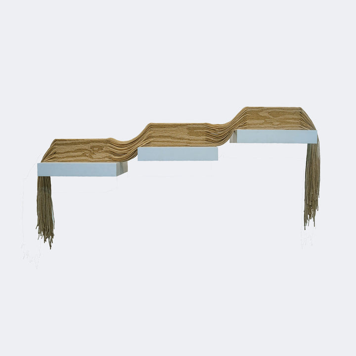 The artwork "Sliced Beam" by Quynn Douglas Dale features a segmented horizontal structure with layers of wood-like texture and smooth white rectangular bases. The piece combines organic flowing lines reminiscent of topographic maps with minimalist geometric forms, evoking styles similar to those of Anni Albers and Donald Judd in its blend of natural materiality and modern abstraction.