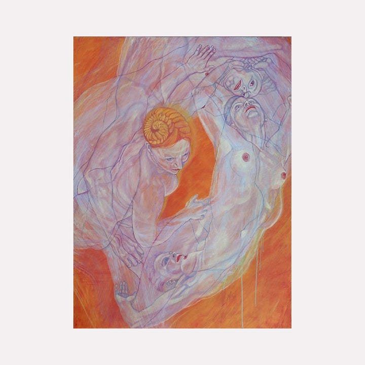 The artwork "Merry-Go-Round" by Sol Kjok features ethereal, overlapping nude figures rendered in soft, translucent lines against a vibrant orange background. The fluid, dynamic composition evokes movement reminiscent of Egon Schiele’s expressive forms and Marcel Duchamp’s kinetic energy, blending delicate textures with surreal, dreamlike qualities.