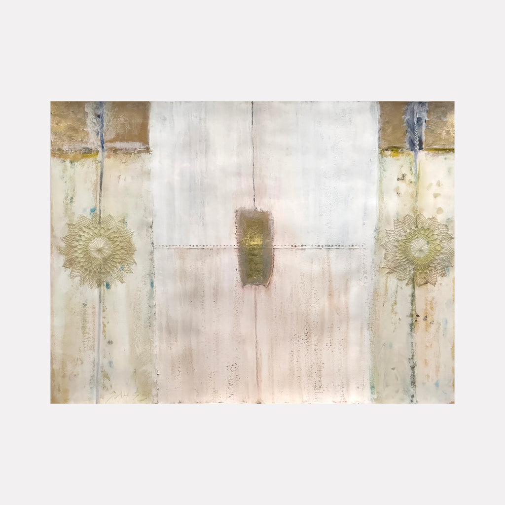 The artwork "Voyage #3" by Molly Heron features a serene mixed media landscape with a central textured ochre rectangle flanked by delicate circular motifs. Soft washes of cream, beige, and muted gold create a layered, ethereal atmosphere evoking the spiritual abstractions of Agnes Martin and the tactile surfaces of Anselm Kiefer.