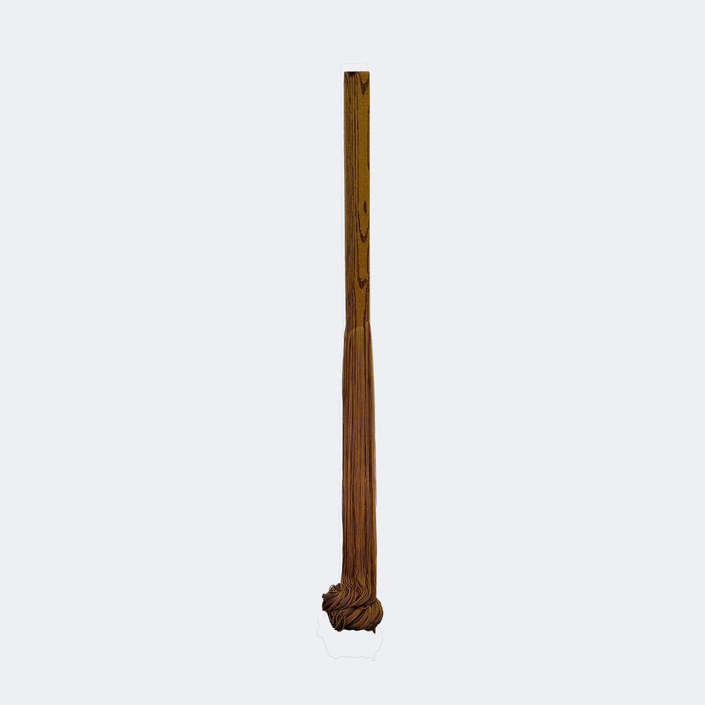 The artwork "Fluid Beam (Camel)" by Quynn Douglas Dale features a tall, slender vertical form in warm camel tones resembling aged, textured wood with natural grain patterns. The bottom appears intricately knotted, contrasting the smooth, elongated upper section. The minimalist style echoes elements of Donald Judd's sculpture and the earthy organic forms seen in works by Isamu Noguchi.