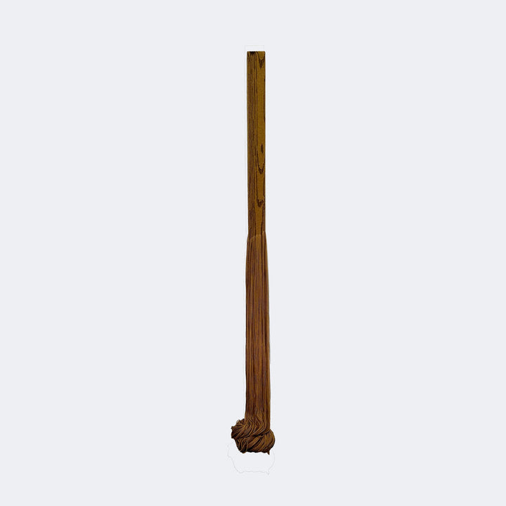 The artwork "Fluid Beam (Camel)" by Quynn Douglas Dale features a tall, slender vertical form in warm camel tones resembling aged, textured wood with natural grain patterns. The bottom appears intricately knotted, contrasting the smooth, elongated upper section. The minimalist style echoes elements of Donald Judd's sculpture and the earthy organic forms seen in works by Isamu Noguchi.