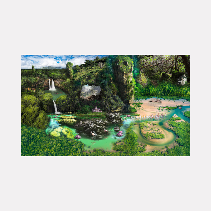 Rainforest River by Nash Bellows offers a vivid, lush ecosystem where a winding turquoise river flows through dense greenery, cascading waterfalls, rocky cliffs, and serene sandy shores. The scene blends natural beauty with subtle fantastical elements, featuring wildlife like flamingos and delicate water lilies amidst a vibrant rainforest setting.