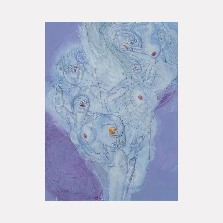 The artwork "Everything That Is Solid" by Sol Kjok features ethereal, translucent human figures intertwined and layered against a muted purple and blue background, evoking the fluid motion and emotional complexity reminiscent of Egon Schiele and Francis Bacon. The delicate line work and ghostly textures create a haunting, surreal atmosphere.