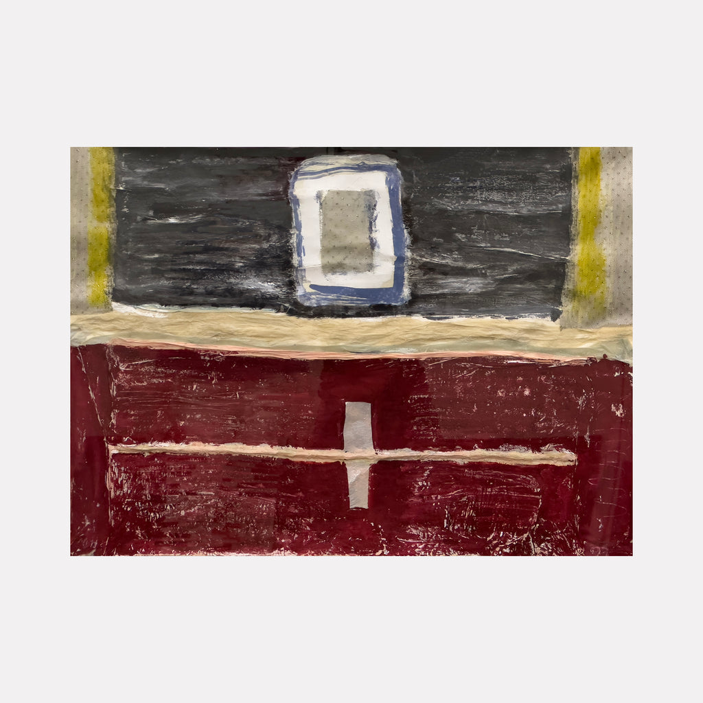 The artwork "Voyage #4" by Molly Heron presents an abstract composition with bold textured layers of dark charcoal and deep crimson, intersected by cream-colored horizontal and vertical strokes. The muted color palette and raw surface evoke the gestural abstraction of Richard Diebenkorn and the minimalist structural forms reminiscent of Agnes Martin.