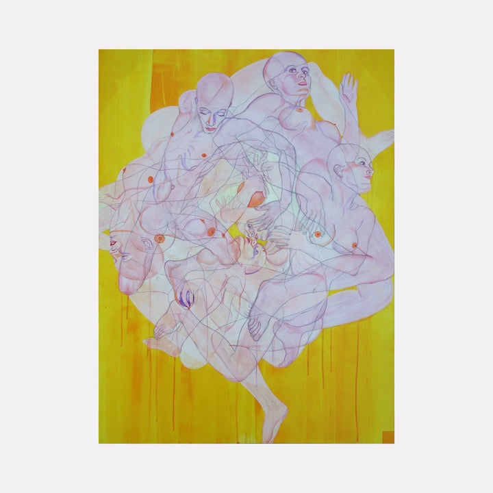The artwork "Here Comes the Sun" by Sol Kjok features multiple translucent human figures intertwined in dynamic, overlapping poses against a vibrant yellow background. The soft pastel hues of the figures contrast with the bold color field, evoking a surreal atmosphere reminiscent of Egon Schiele’s expressive line work and Francis Bacon’s distorted forms.