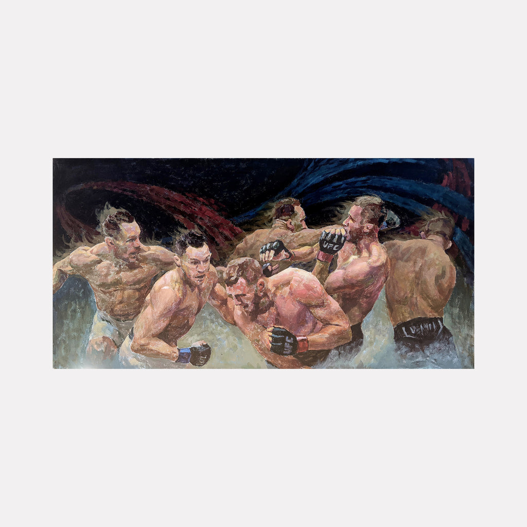 UFC by Ler Chang captures a dynamic moment of intense mixed martial arts combat, showing multiple muscular fighters entwined mid-action. The textured brushwork and earthy tones convey raw energy and physicality, while swirling dark and blue backgrounds evoke motion and the charged atmosphere of a competitive arena.