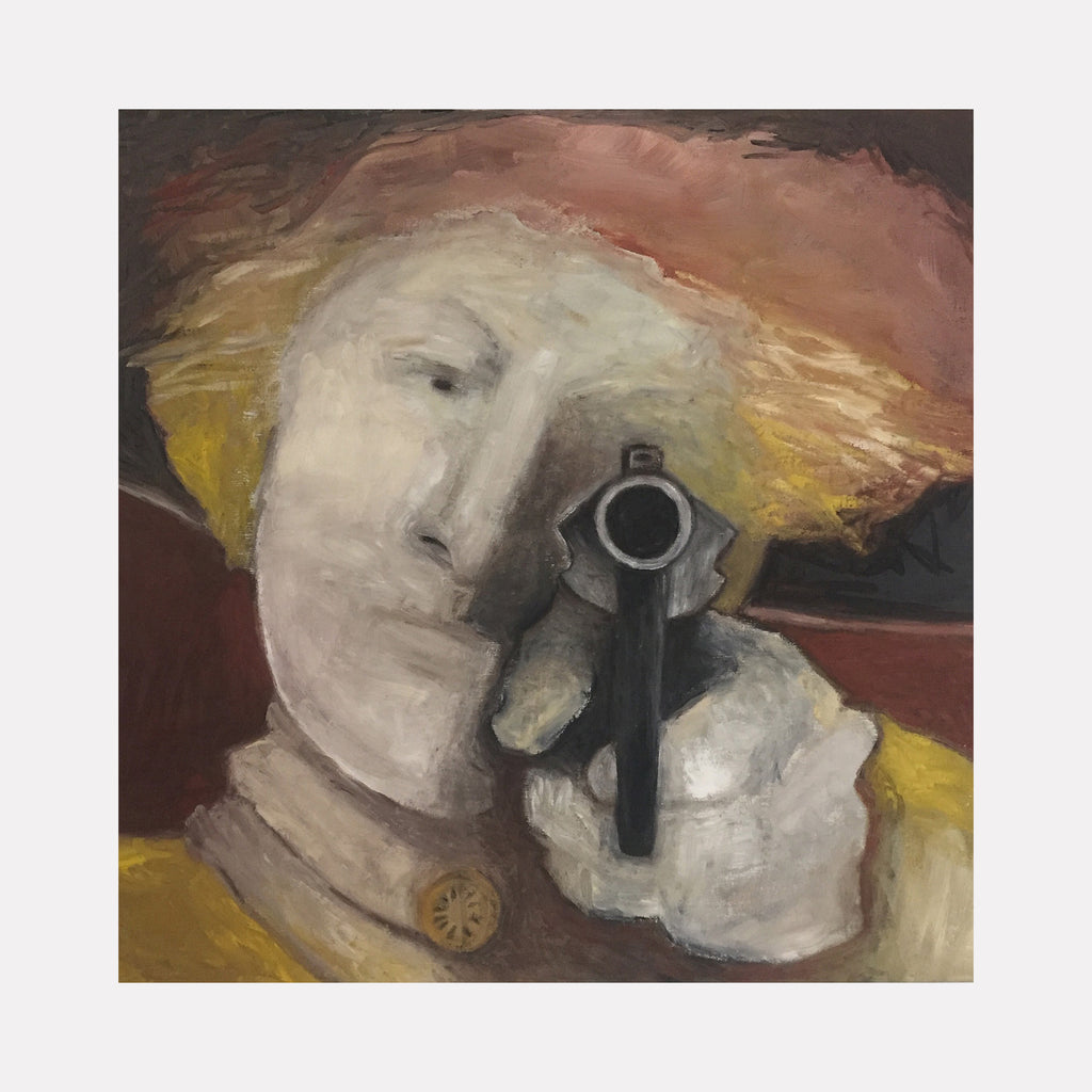 The artwork "Daughter of the Revolution" by Val Sivilli features a figurative composition with muted brown, yellow, and neutral tones. A close-up of a pale, abstracted face points a black handgun directly forward, rendered with textured brushstrokes that evoke the charged emotional intensity and psychological depth found in works by Francis Bacon and early Käthe Kollwitz.
