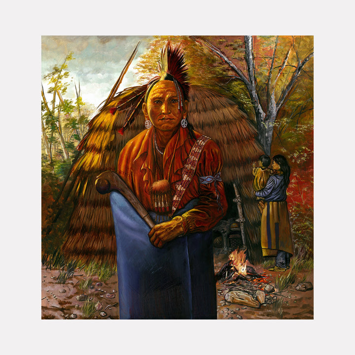 The artwork "Shinnecock–Montauk Tribes Man (Native American of the woodlands, ca. 1780)" by David Bunn Martine depicts a solemn Native American man in traditional attire with a feathered headdress and ornate jewelry, standing before a thatched hut. Rich earth tones, detailed textures, and lifelike brushwork evoke the historical realism and cultural depth reminiscent of the works of George Catlin and Albert Bierstadt.